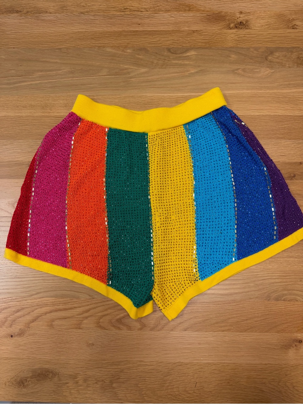 QUEEN OF SPARKLES Rainbow Knit Athletic Shorts with Yellow Trim